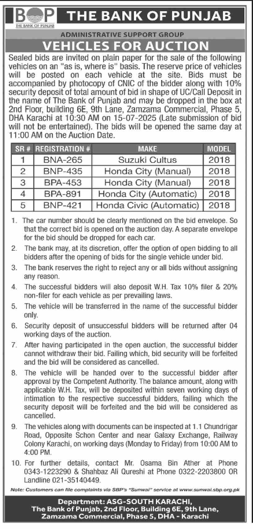 The Bank of Punjab Karachi Tender Notice